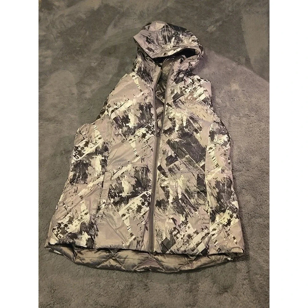 GERRY Reversible Puffer Vest Women's Large L Gray Black Abstract Hooded Packable